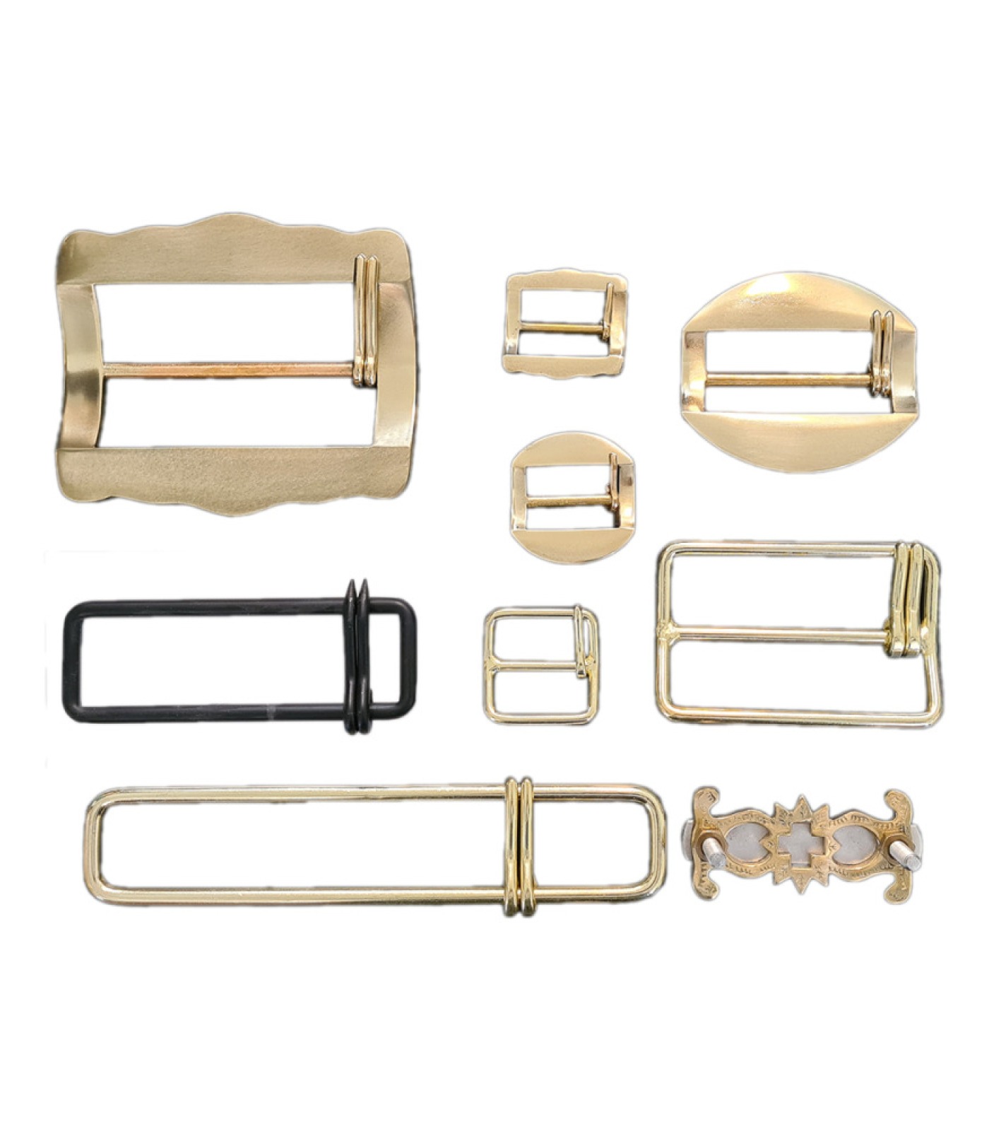 Bell strap buckles, brass and iron